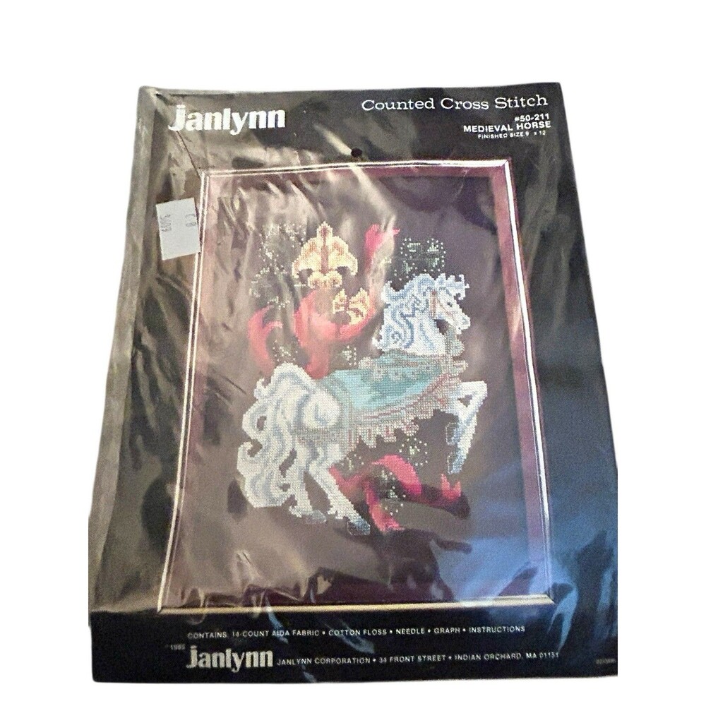 Vtg 1985 NOS Janlynn Counted Cross Stitch Kit MEDIEVAL HORSE Sealed #50-211